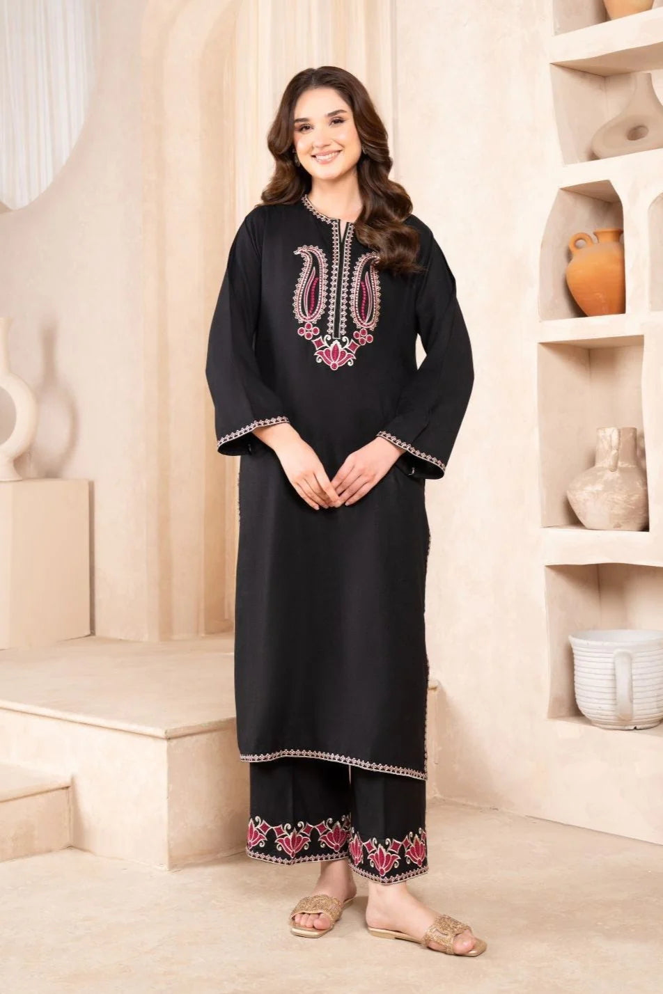 LAZULI-2PC DHANAK EMBROIDRED SHIRT WITH AND EMBROIDRED TROUSER-TANA-BLACK 2PC