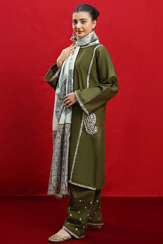 URGE- 3PC Dhanak Embroidered Shirt With Dhanak Twil Print Wool Shawl & Trouser-TBF-1778