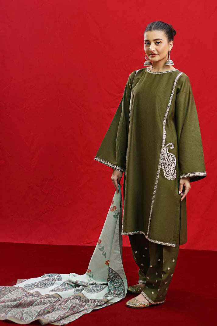 URGE- 3PC Dhanak Embroidered Shirt With Dhanak Twil Print Wool Shawl & Trouser-TBF-1778