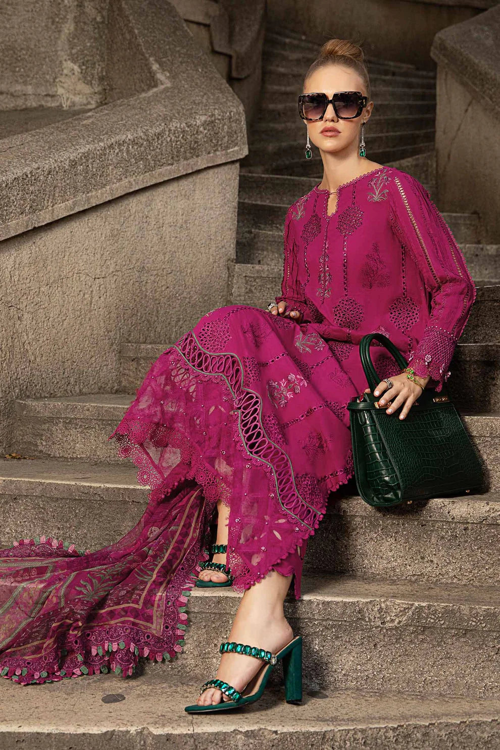 MARIA B- 3PC DHANAK EMBROIDERED SHIRT WITH WOOL PRINT SHAWL AND TROUSER-TANA-1668