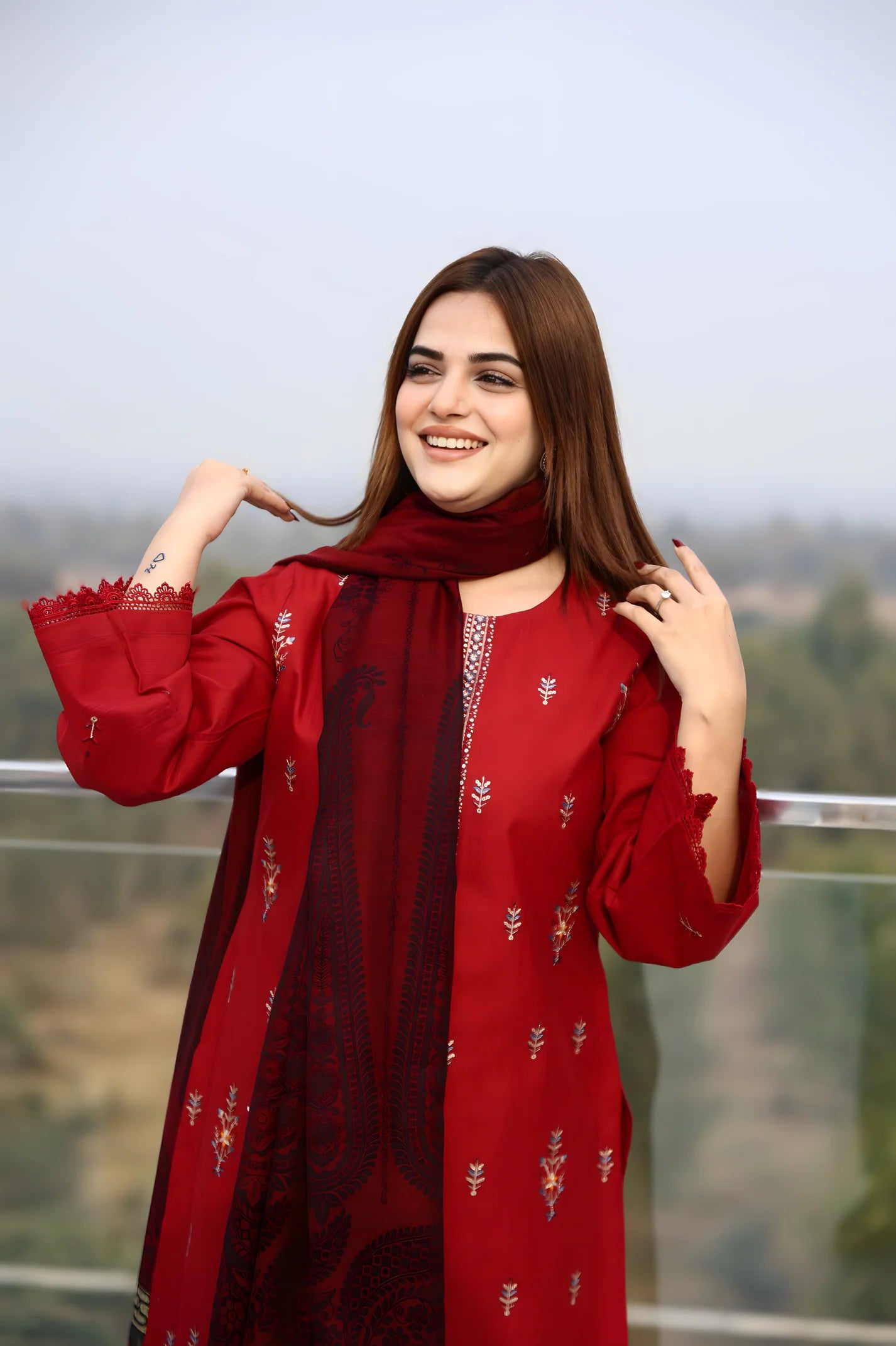 TANA BANA-3PC KHADDAR CUTWORK EMBROIDERED SHIRT WITH KASHMIRI JACQUARD WOOL SHAWL-TBF-RED