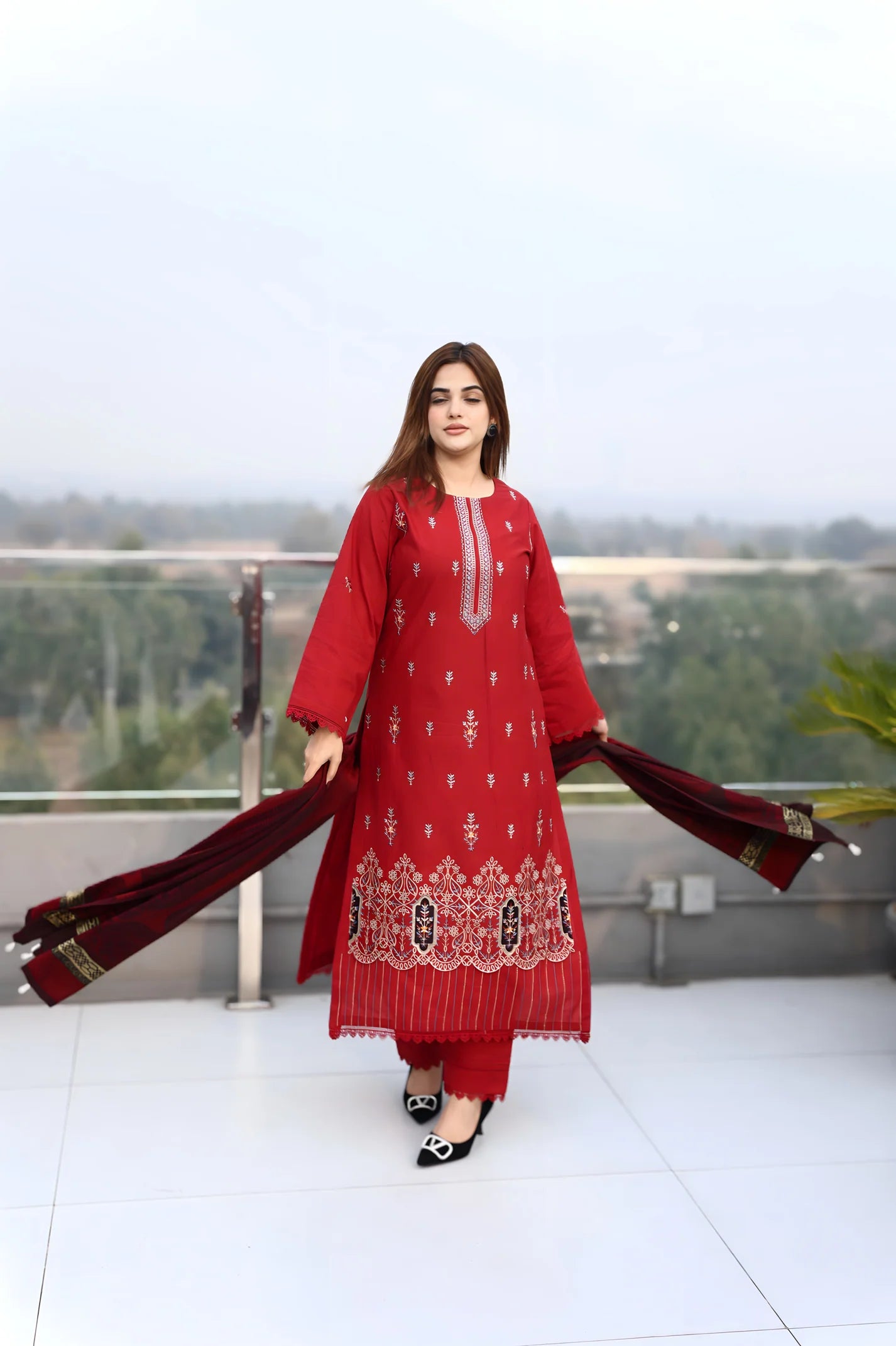 TANA BANA-3PC KHADDAR CUTWORK EMBROIDERED SHIRT WITH KASHMIRI JACQUARD WOOL SHAWL-TBF-RED