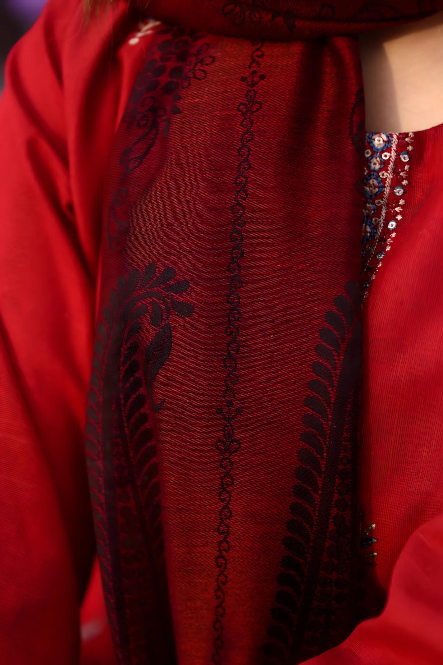 TANA BANA-3PC KHADDAR CUTWORK EMBROIDERED SHIRT WITH KASHMIRI JACQUARD WOOL SHAWL-TBF-RED