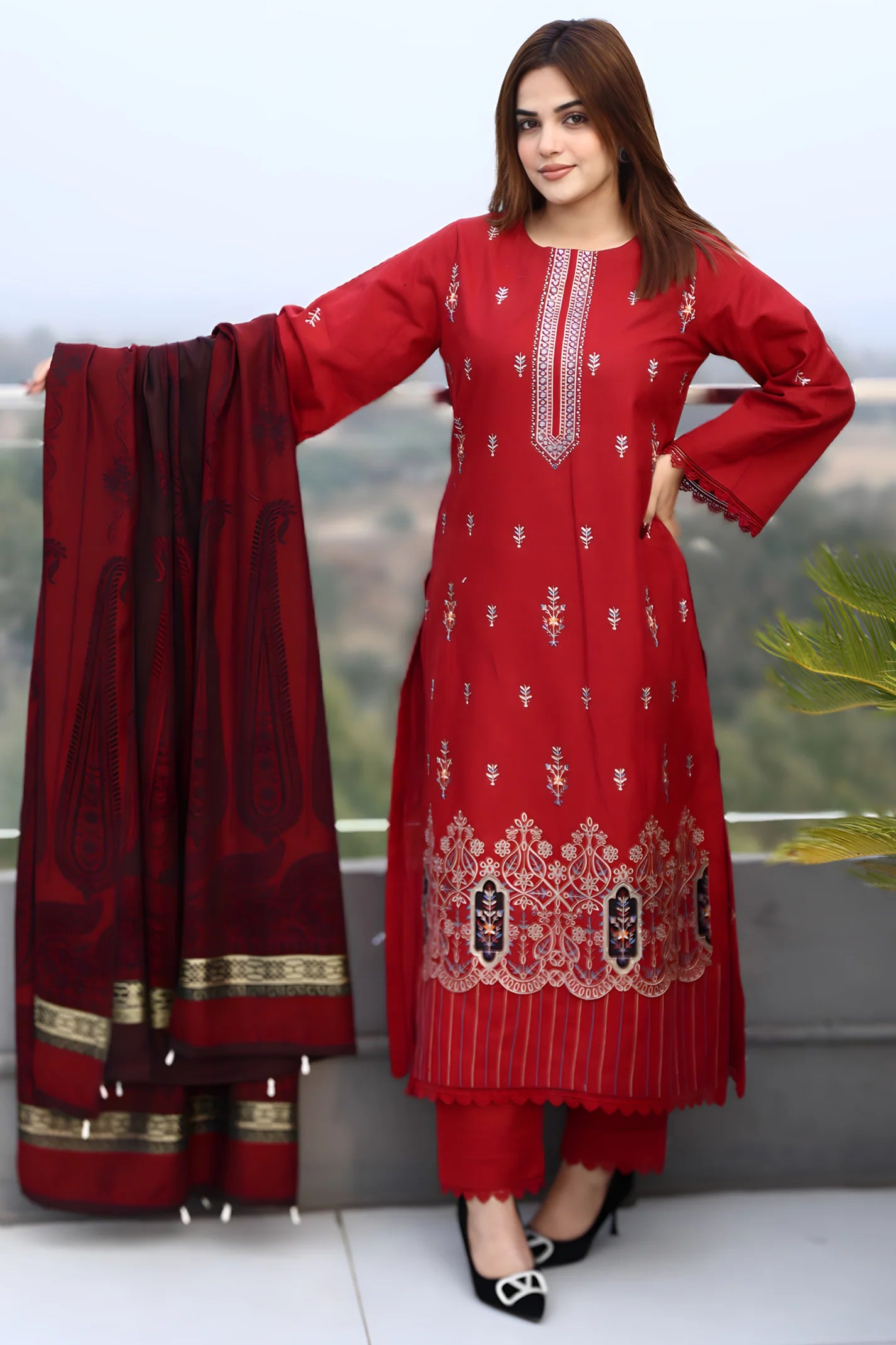 TANA BANA-3PC KHADDAR CUTWORK EMBROIDERED SHIRT WITH KASHMIRI JACQUARD WOOL SHAWL-TBF-RED