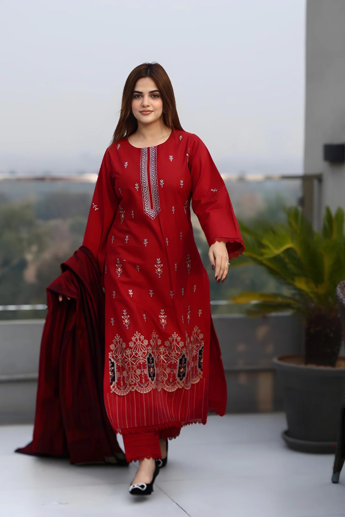 TANA BANA-3PC KHADDAR CUTWORK EMBROIDERED SHIRT WITH KASHMIRI JACQUARD WOOL SHAWL-TBF-RED