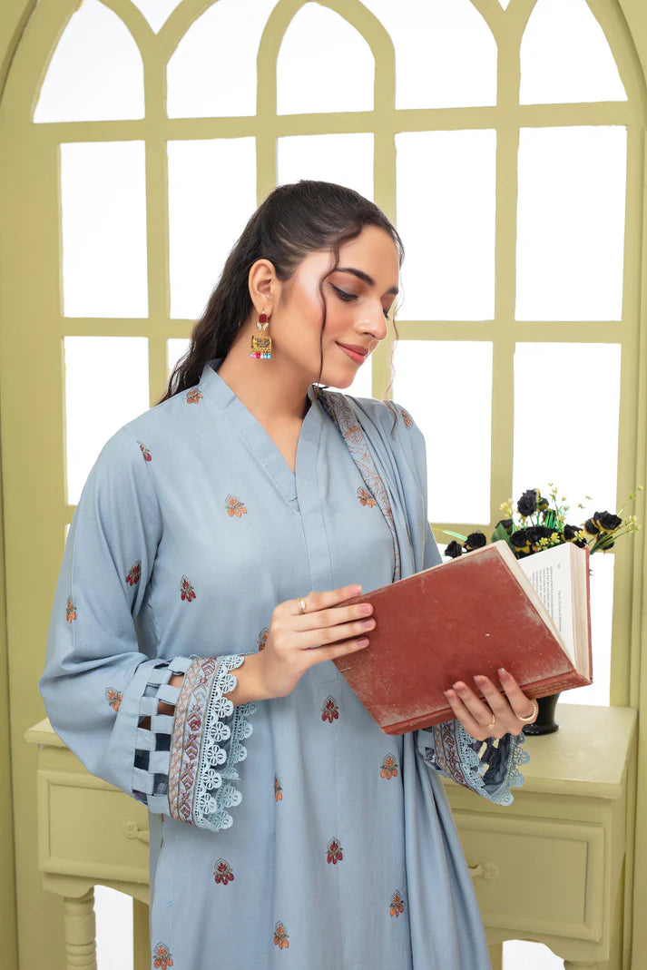 TANA BANA-3PC DHANAK EMBROIDERED SHIRT WITH HEAVY CUTWORK EMBROIDERED DHANAK SHAWL AND TROUSER-TBF-1734