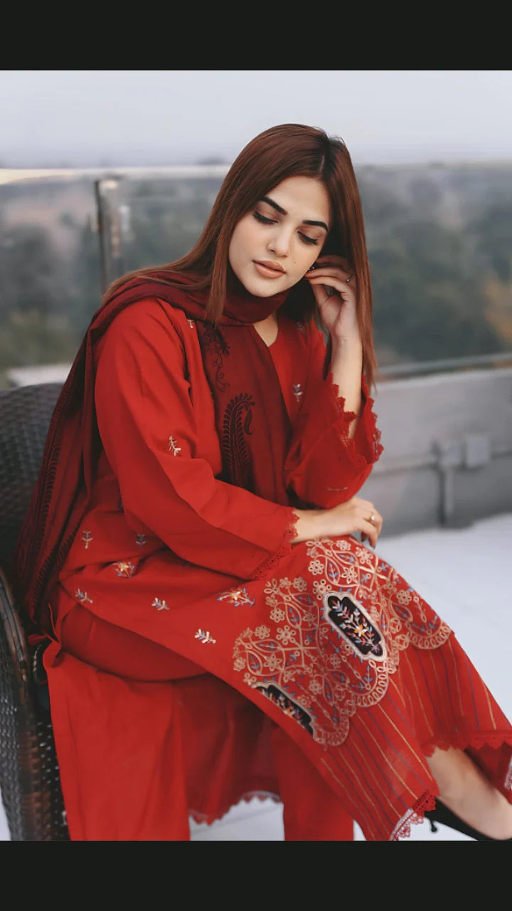 TANA BANA-3PC KHADDAR CUTWORK EMBROIDERED SHIRT WITH KASHMIRI JACQUARD WOOL SHAWL-TBF-RED