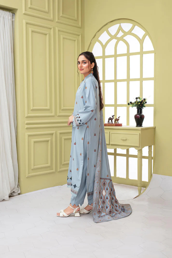 TANA BANA-3PC DHANAK EMBROIDERED SHIRT WITH HEAVY CUTWORK EMBROIDERED DHANAK SHAWL AND TROUSER-TBF-1734