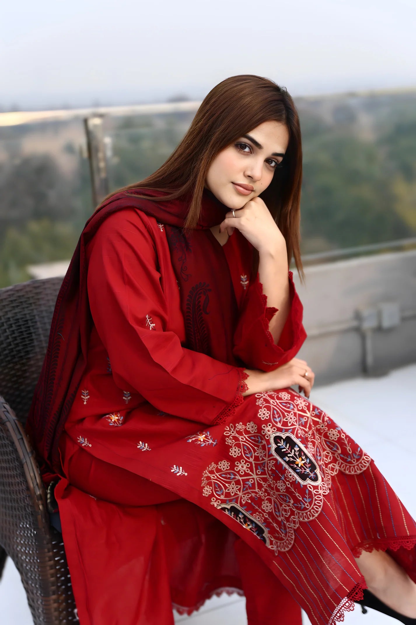 TANA BANA-3PC KHADDAR CUTWORK EMBROIDERED SHIRT WITH KASHMIRI JACQUARD WOOL SHAWL-TBF-RED