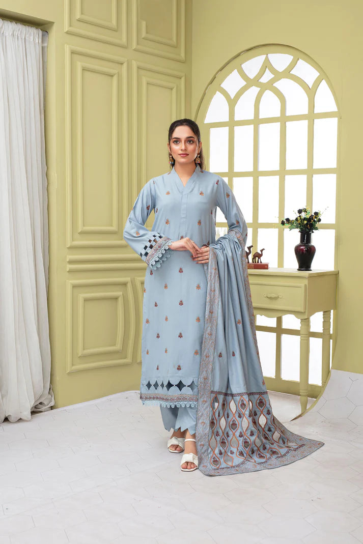 TANA BANA-3PC DHANAK EMBROIDERED SHIRT WITH HEAVY CUTWORK EMBROIDERED DHANAK SHAWL AND TROUSER-TBF-1734