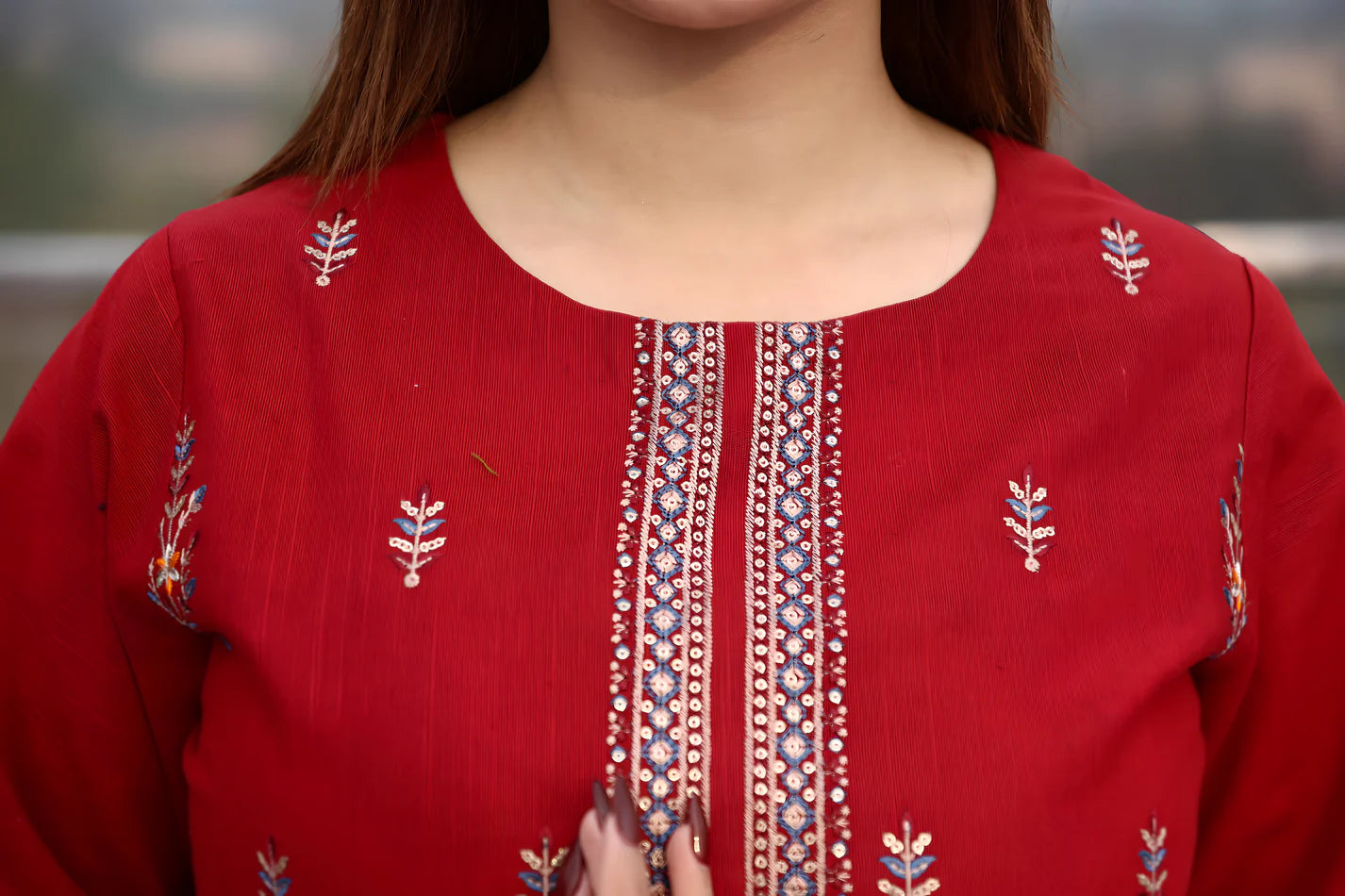 TANA BANA-3PC KHADDAR CUTWORK EMBROIDERED SHIRT WITH KASHMIRI JACQUARD WOOL SHAWL-TBF-RED