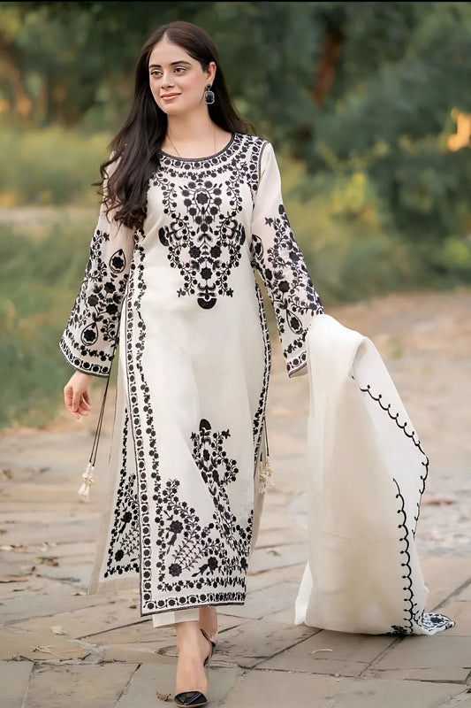 JAZMIN- LAWN 3PC EMBROIDERED SHIRT WITH ORGANZA EMBROIDERED DUPATTA WITH TROUSER-TANA-4088