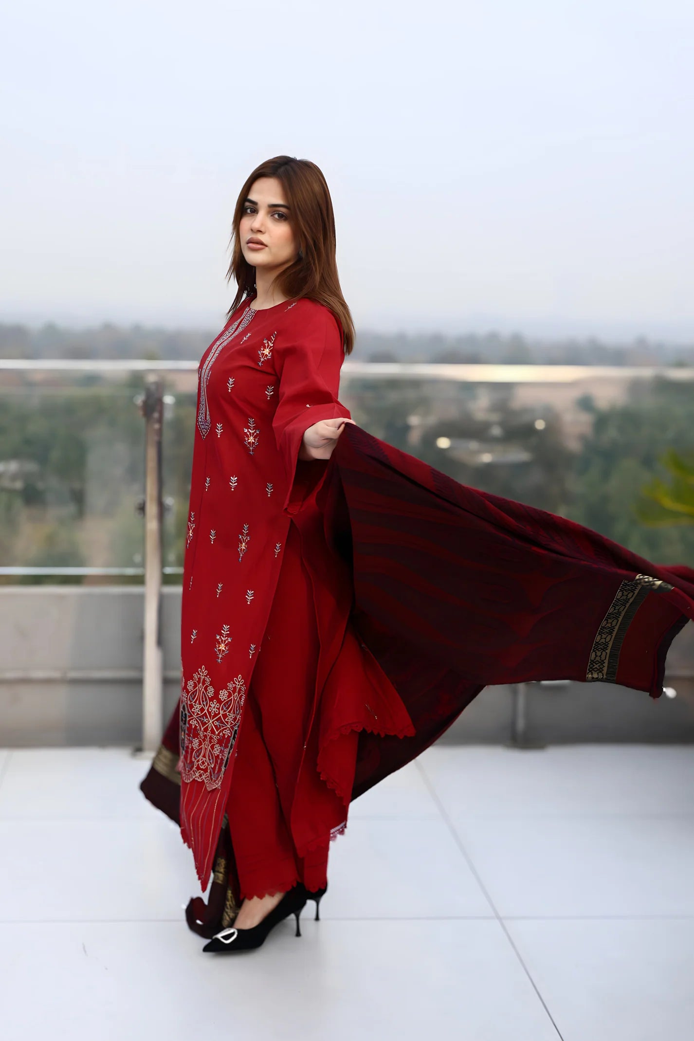 TANA BANA-3PC KHADDAR CUTWORK EMBROIDERED SHIRT WITH KASHMIRI JACQUARD WOOL SHAWL-TBF-RED