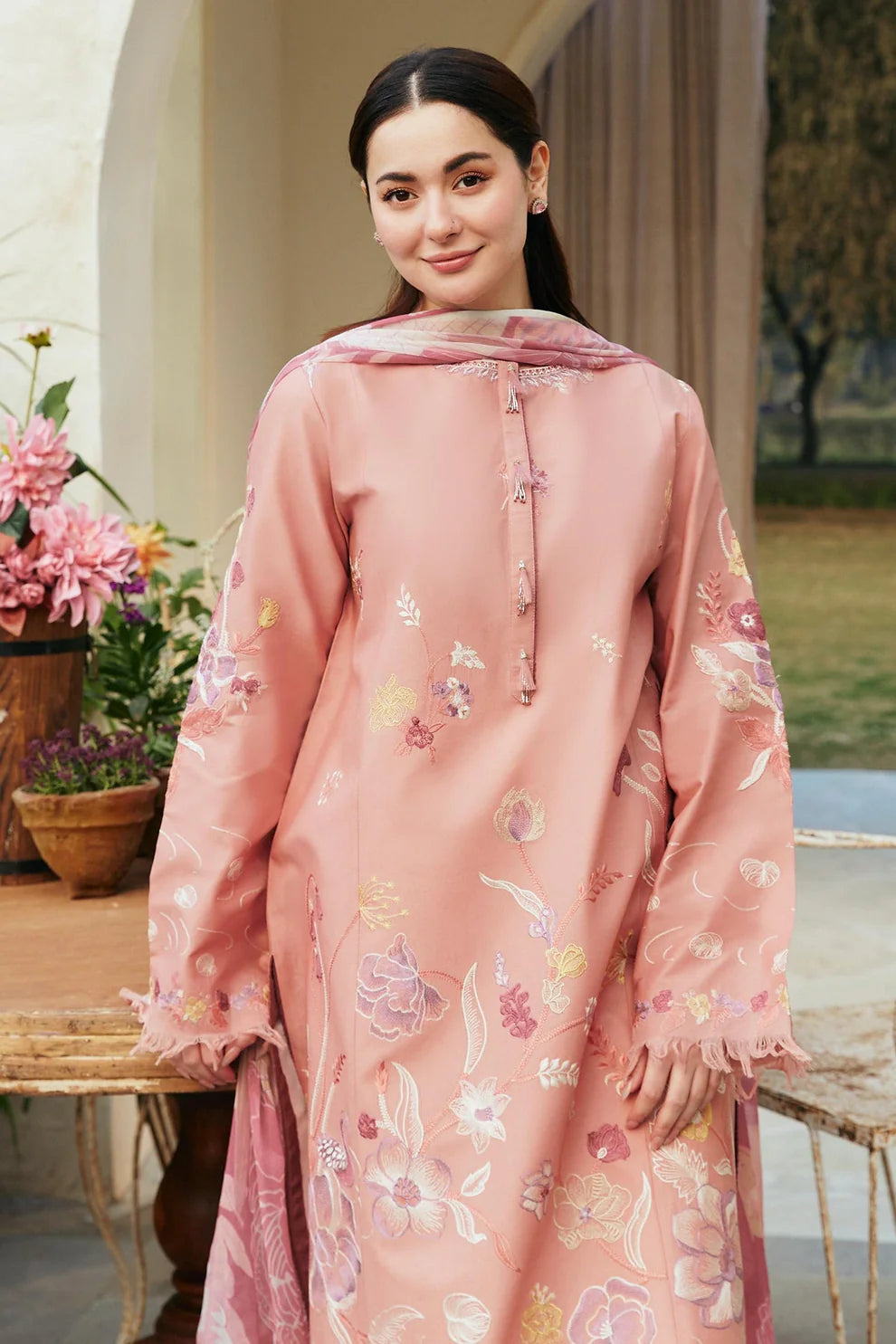 ZAHRA SHAHJAHAN- 3PC DHANAK EMBROIDERED SHIRT WITH WOOL PRINT SHAWL-TANA-1639