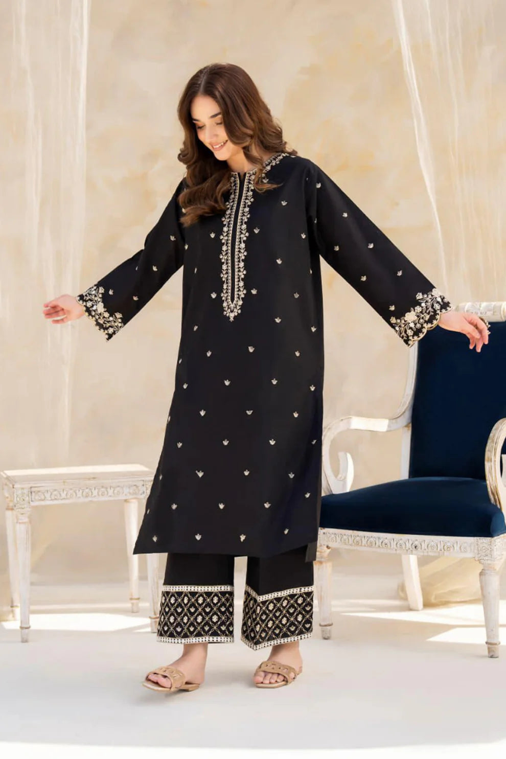 RIWAJ TAN 2PC EMBROIDERED SHIRT WITH EMBROIDERED SLEEVES WITH EMBROIDERED TROUSER-TANA-5457