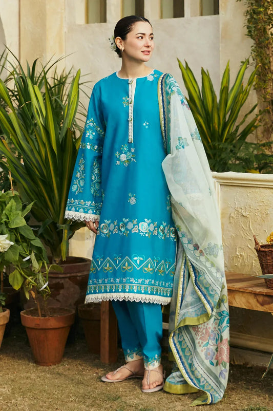 ZAHRA SHAHJAHAN- 3PC LAWN EMBROIDERED SHIRT WITH DIAMOND PRINT DUPATTA- TANA-