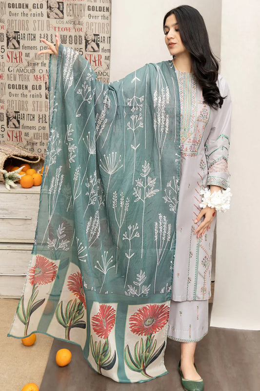 URGE - 3PC DHANAK EMBROIDERED SHIRT WITH COUTUTRE PRINTED SHAWL & EMB TROUSER-TANA-1752