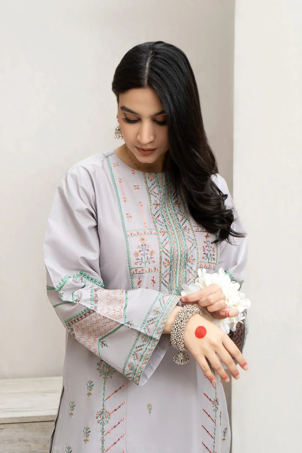 URGE - 3PC DHANAK EMBROIDERED SHIRT WITH COUTUTRE PRINTED SHAWL & EMB TROUSER-TANA-1752