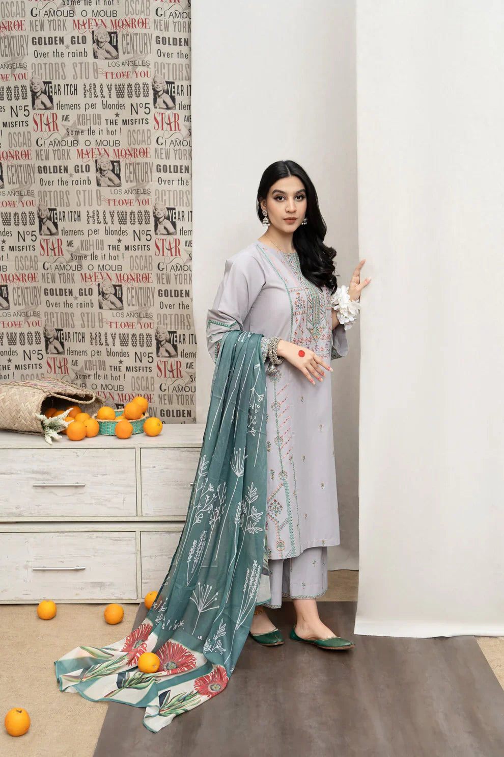 URGE - 3PC DHANAK EMBROIDERED SHIRT WITH COUTUTRE PRINTED SHAWL & EMB TROUSER-TANA-1752