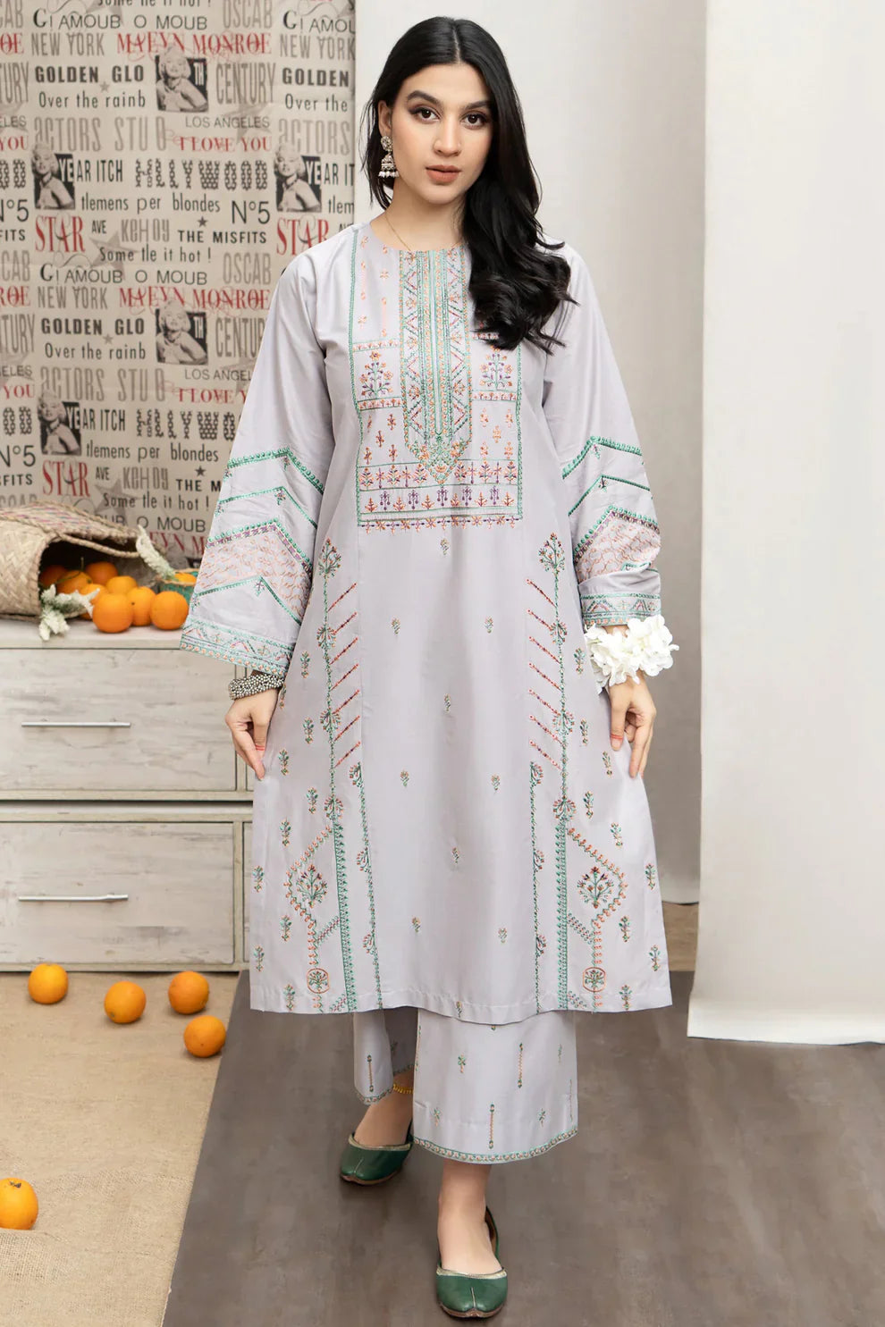 URGE - 3PC DHANAK EMBROIDERED SHIRT WITH COUTUTRE PRINTED SHAWL & EMB TROUSER-TANA-1752