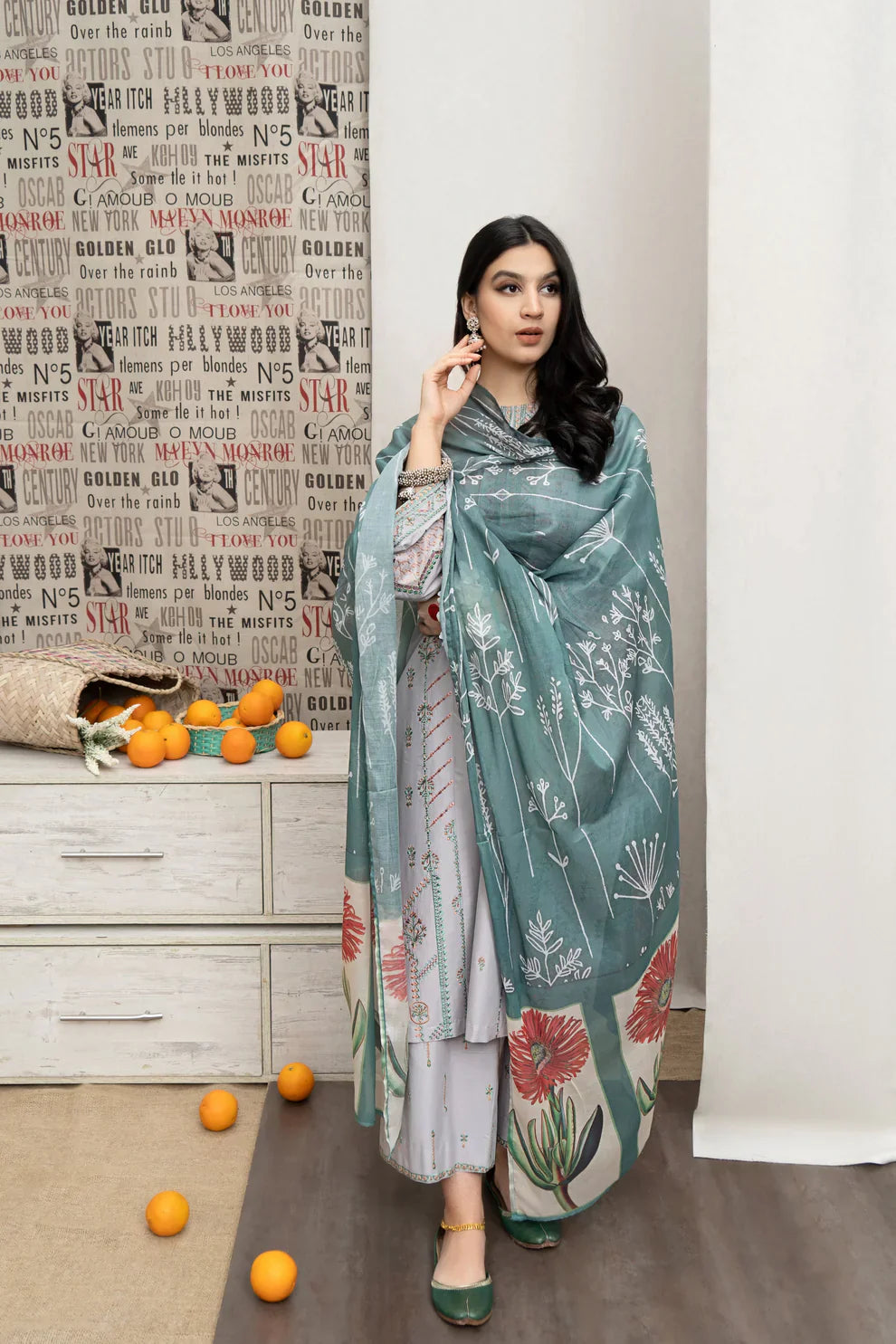 URGE - 3PC DHANAK EMBROIDERED SHIRT WITH COUTUTRE PRINTED SHAWL & EMB TROUSER-TANA-1752