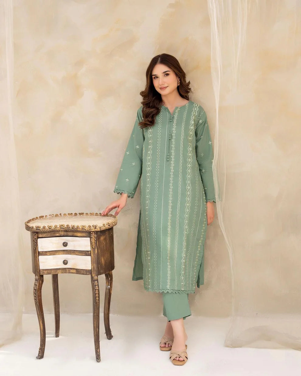 LAZULI- LAWN 2PC EMBROIDERED SHIRT WITH EMBROIDERED SLEEVES WITH TROUSER-TANA-5459