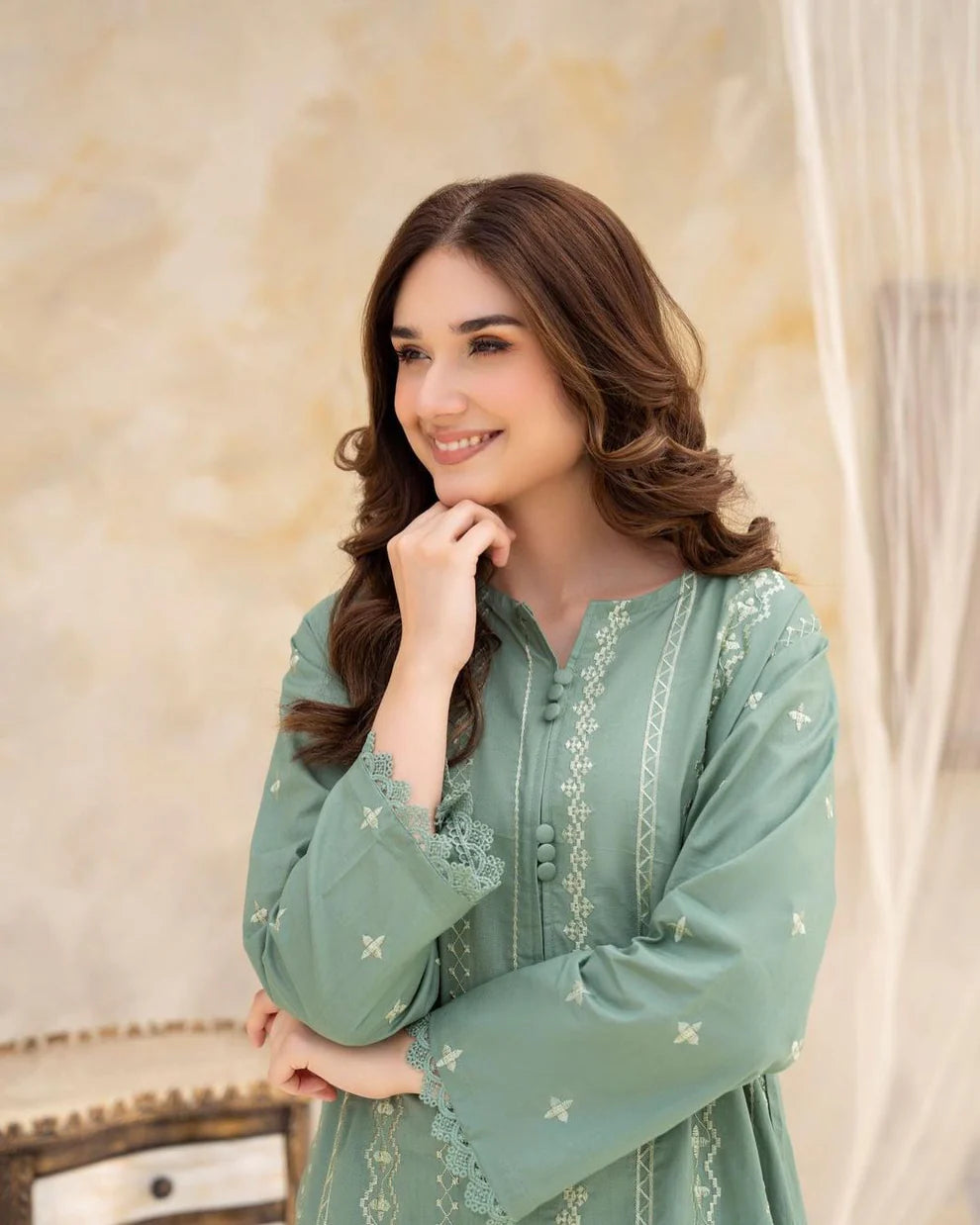 LAZULI- LAWN 2PC EMBROIDERED SHIRT WITH EMBROIDERED SLEEVES WITH TROUSER-TANA-5459