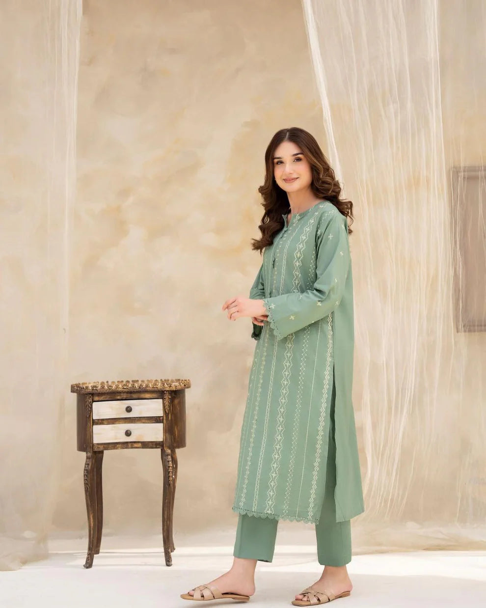 LAZULI- LAWN 2PC EMBROIDERED SHIRT WITH EMBROIDERED SLEEVES WITH TROUSER-TANA-5459