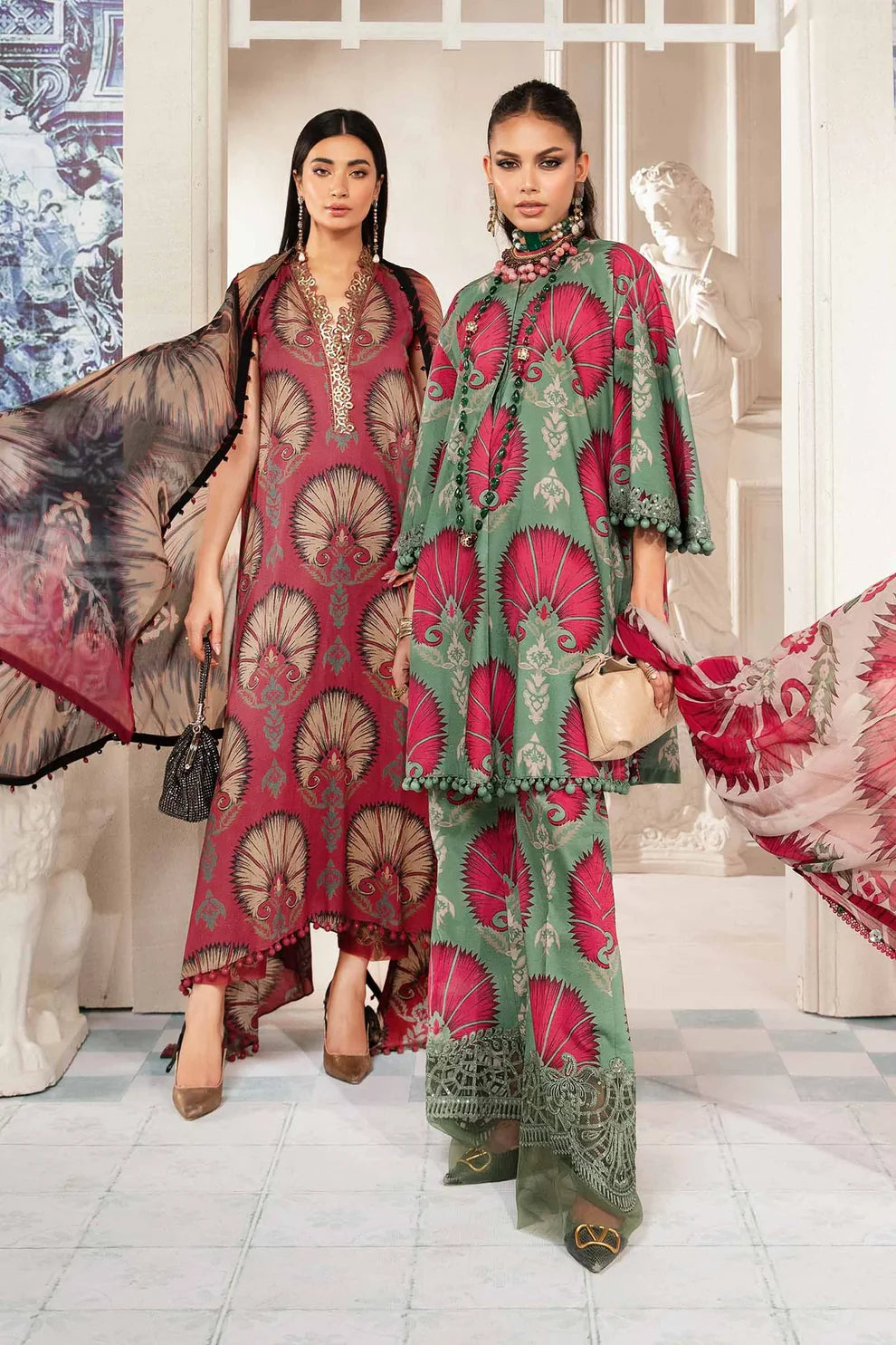 MARIA.B- LAWN 3PC PRINT WITH DIAMOND PRINT DUPATTA AND PRINT TROUSER-TANA-4017