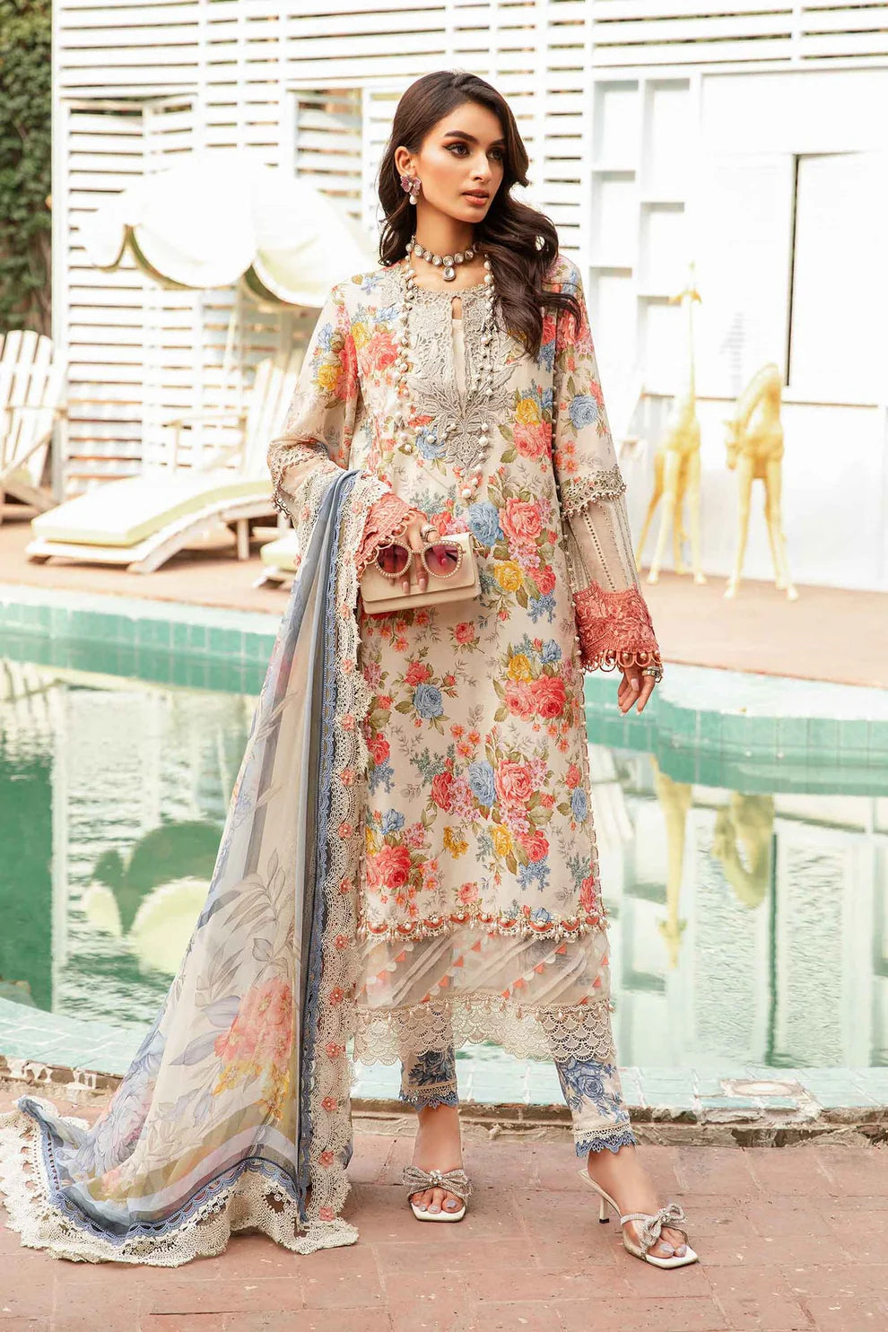 MARIA.B- LAWN 3PC PRINT WITH DIAMOND PRINT DUPATTA AND PRINT TROUSER-TANA-4015