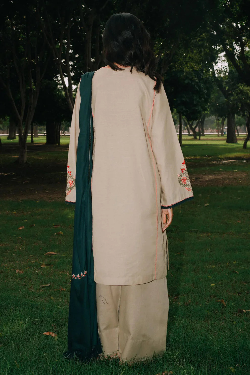 COCO BY ZAHRA SHAHJAHAN - 3PC DHANAK EMBROIDERED SHIRT WITH DHANAK EMBROIDERED SHAWL AND TROUSER-TANA-1526