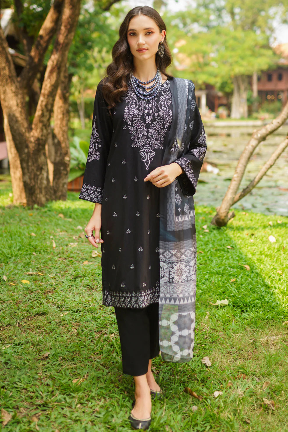 GARNET-3PC LAWN EMBROIDERED SHIRT WITH DIAMOND PRINTED DUPATTA AND TROUSER-TANA-5284