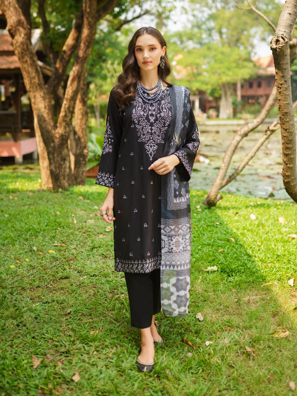 GARNET-3PC LAWN EMBROIDERED SHIRT WITH DIAMOND PRINTED DUPATTA AND TROUSER-TANA-5284