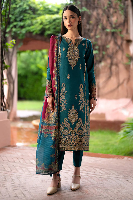 JAZMIN- 3PC DHANAK EMBROIDERED SHIRT WITH WOOL PRINT SHAWL AND TROUSER-TANA-1675