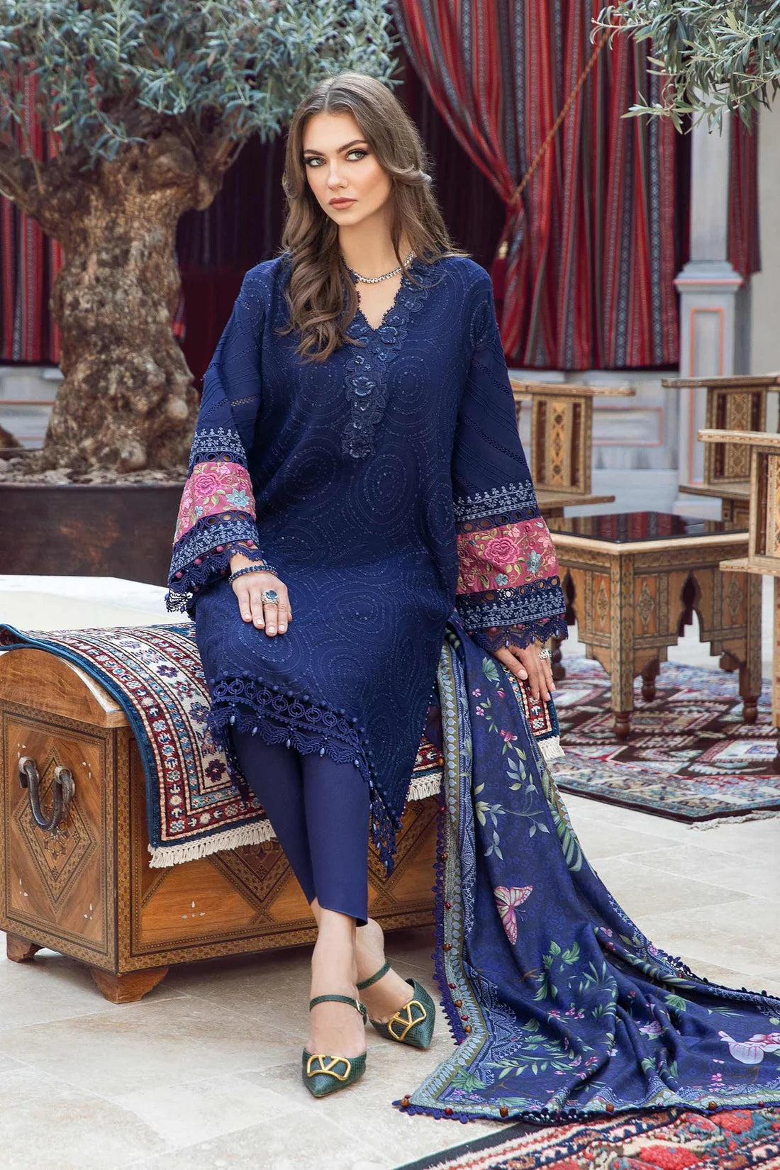 MARIA B - 3PC DHANAK SEQUENCE EMBROIDERED SHIRT WITH WOOL PRINTED SHAWL AND TROUSER-TANA-1616