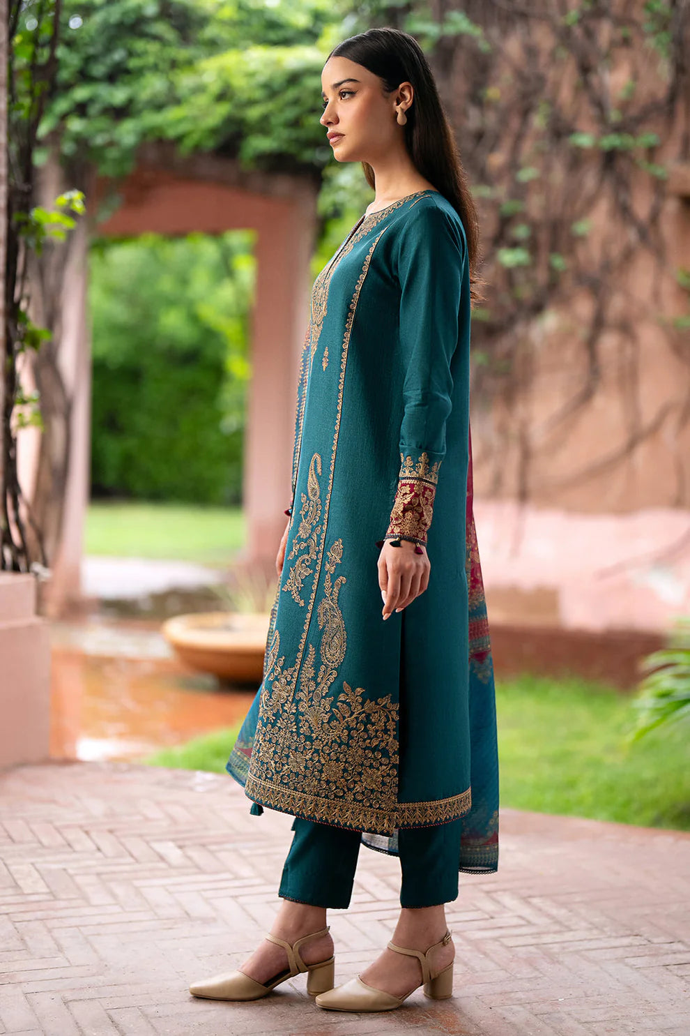 JAZMIN- 3PC DHANAK EMBROIDERED SHIRT WITH WOOL PRINT SHAWL AND TROUSER-TANA-1675