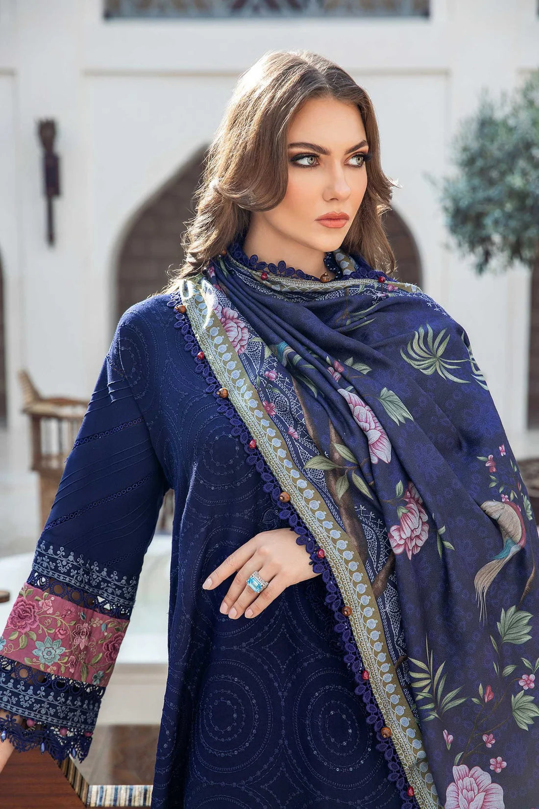 MARIA B - 3PC DHANAK SEQUENCE EMBROIDERED SHIRT WITH WOOL PRINTED SHAWL AND TROUSER-TANA-1616