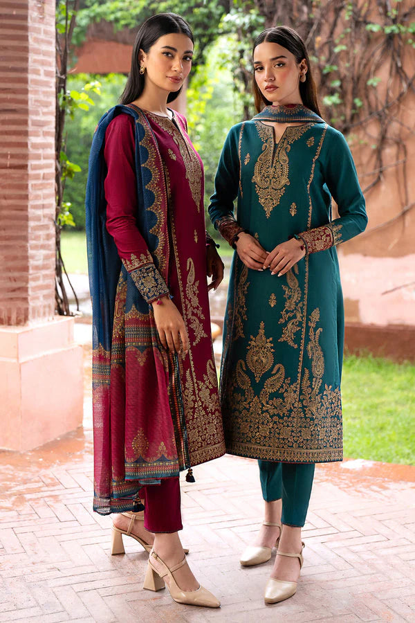 JAZMIN- 3PC DHANAK EMBROIDERED SHIRT WITH WOOL PRINT SHAWL AND TROUSER-TANA-1675