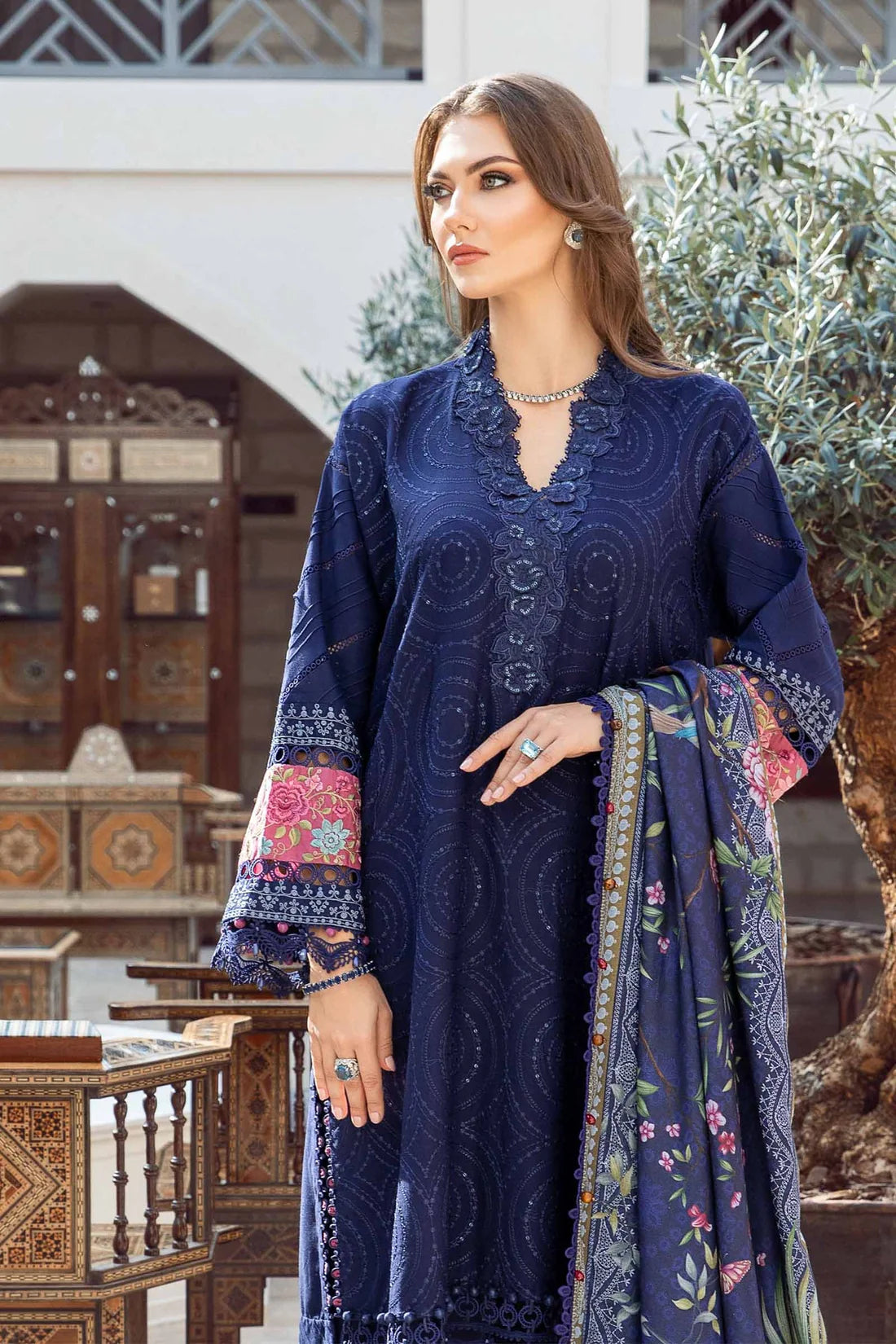 MARIA B - 3PC DHANAK SEQUENCE EMBROIDERED SHIRT WITH WOOL PRINTED SHAWL AND TROUSER-TANA-1616