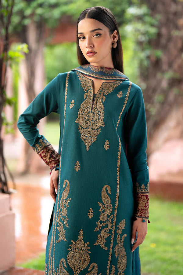 JAZMIN- 3PC DHANAK EMBROIDERED SHIRT WITH WOOL PRINT SHAWL AND TROUSER-TANA-1675