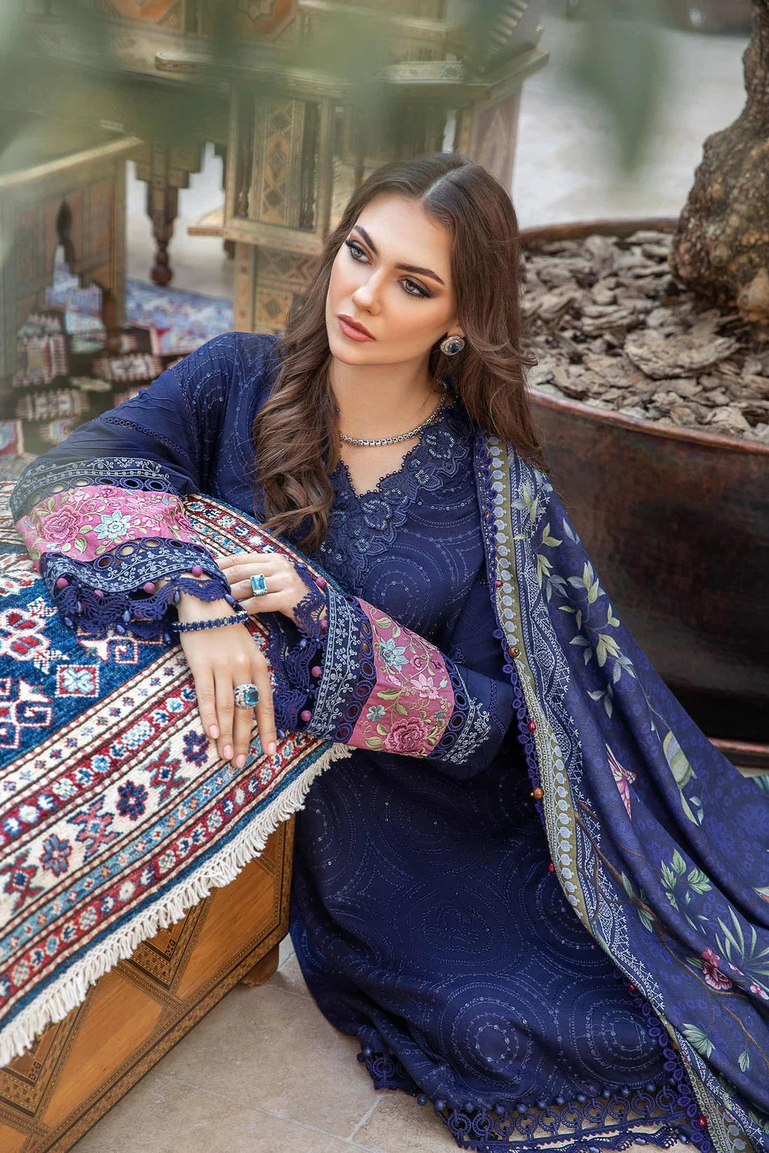 MARIA B - 3PC DHANAK SEQUENCE EMBROIDERED SHIRT WITH WOOL PRINTED SHAWL AND TROUSER-TANA-1616