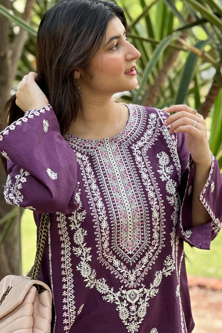 URGE-2PC DHANAK EMBROIDRED SHIRT WITH AND EMBROIDRED TROUSER-TBF-1734