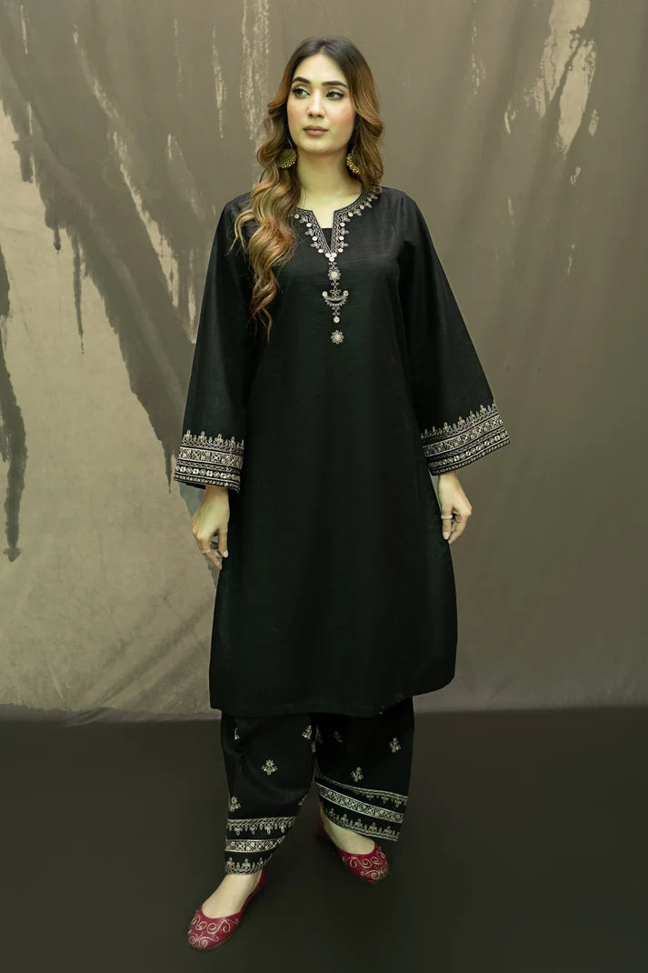 URGE-2PC DHANAK EMBROIDRED SHIRT WITH AND EMBROIDRED TROUSER-TBF-BLACK