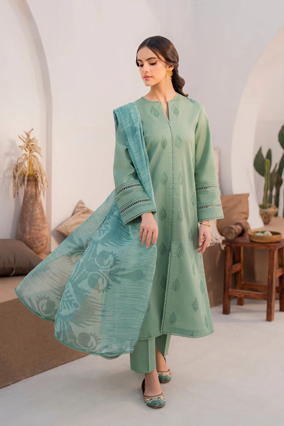 HANA- 3PC LAWN EMBROIDERED SHIRT WITH DIAMOND PRINT DUPATTA AND TROUSER- TANA-5267