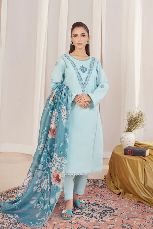 HANA- 3PC Dhanak Embroidered Shirt With Twil Print Wool Shawl & Trouser-TBF-1772