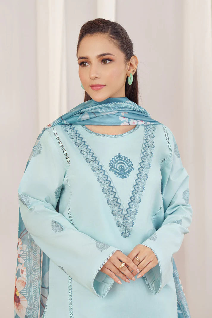 HANA- 3PC Dhanak Embroidered Shirt With Twil Print Wool Shawl & Trouser-TBF-1772