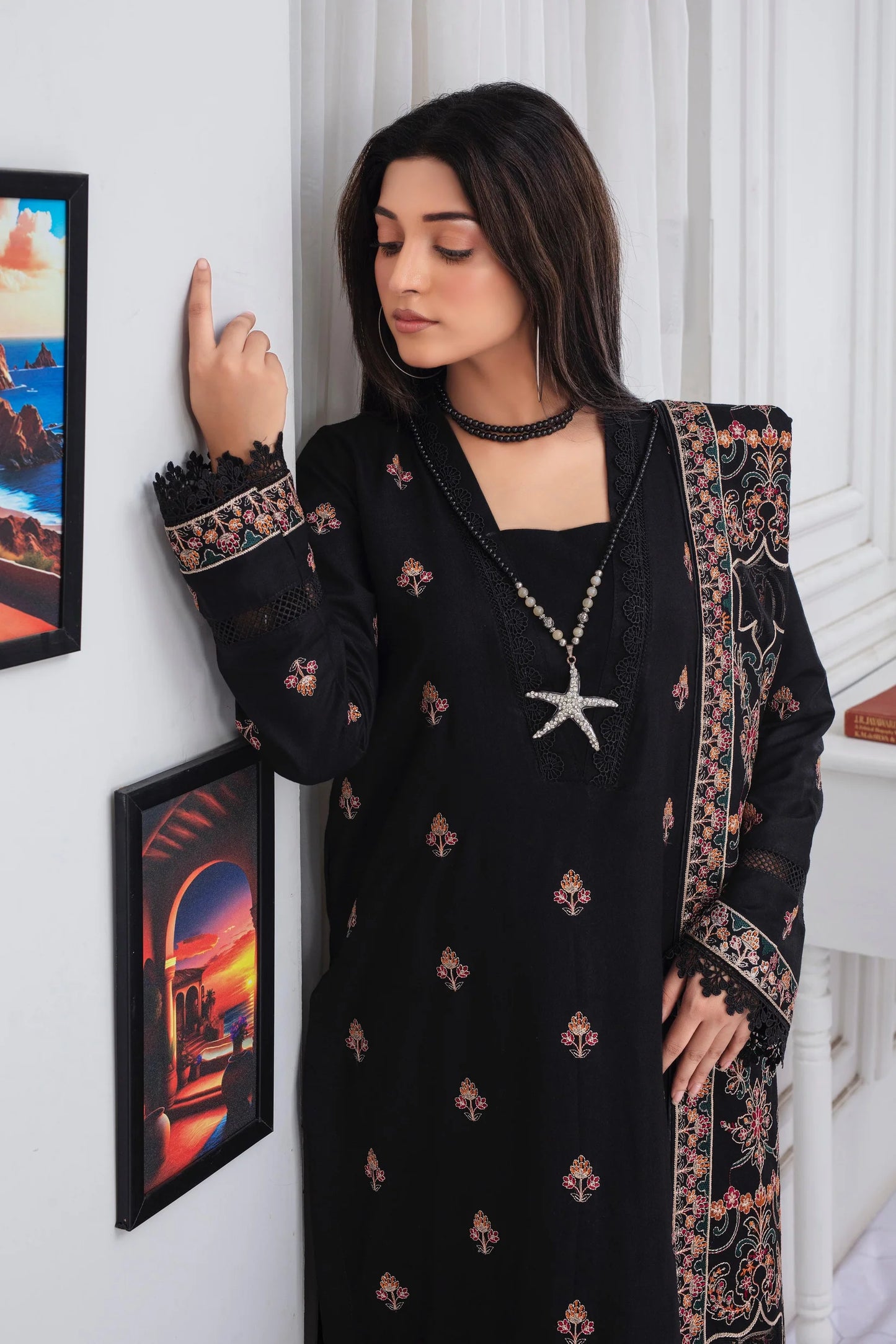 TANA BANA-3PC DHANAK EMBROIDERED SHIRT WITH HEAVY CUTWORK EMBROIDERED DHANAK SHAWL AND TROUSER-TBF-1755