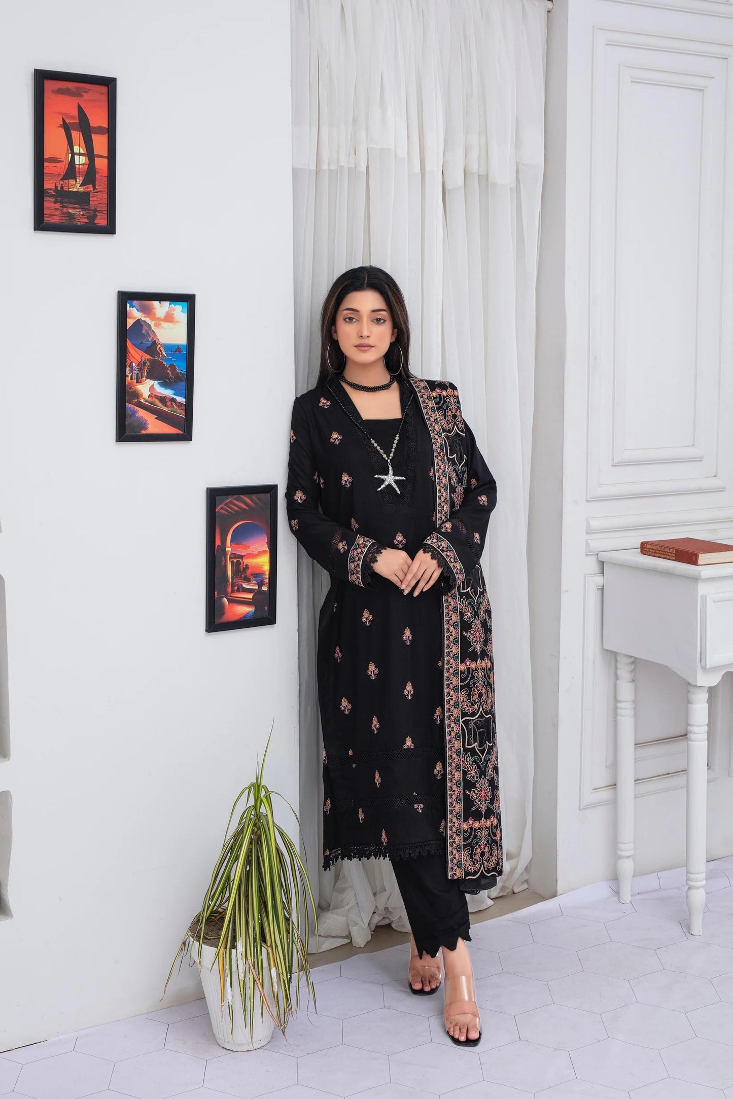 TANA BANA-3PC DHANAK EMBROIDERED SHIRT WITH HEAVY CUTWORK EMBROIDERED DHANAK SHAWL AND TROUSER-TBF-1755