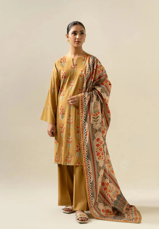 Sapphire- 3PC Dhanak Embroidered Shirt With Dhanak Twil Print Wool Shawl & Trouser-1777