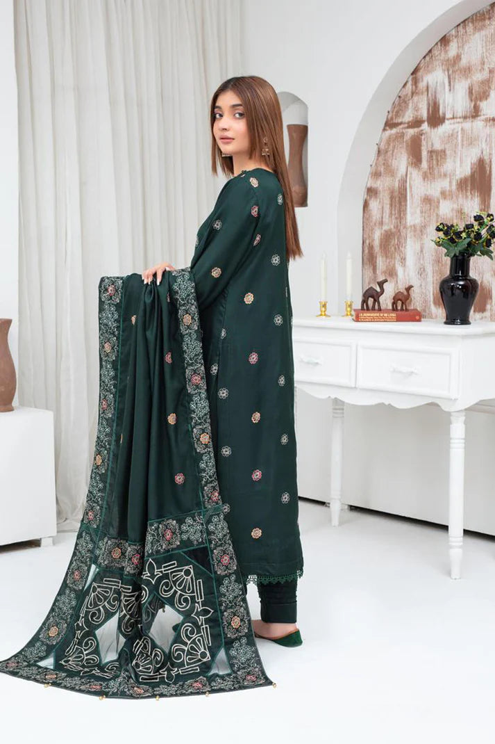 TANA BANA-3PC DHANAK EMBROIDERED SHIRT WITH HEAVY CUTWORK EMBROIDERED DHANAK SHAWL AND TROUSER-TBF-1708